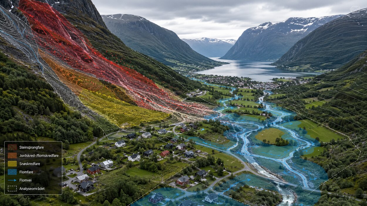 Fareanalyse over dal og fjord i Norge, med markerte soner for steinsprang-, jord- og snøskredfare