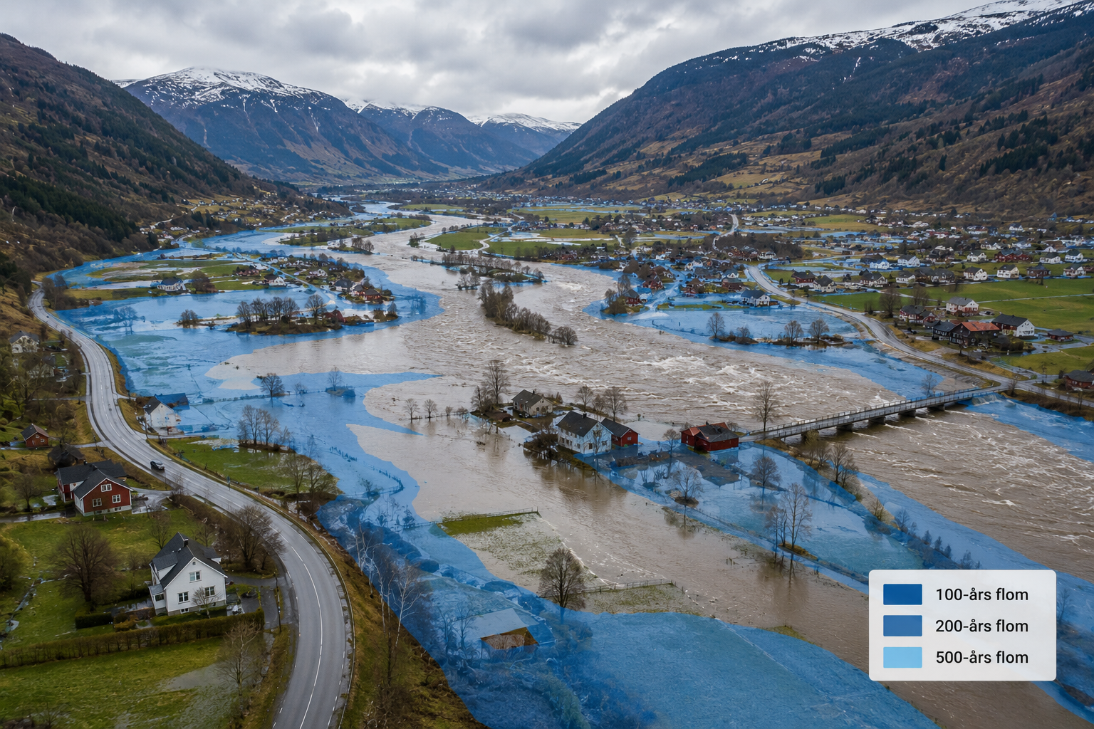 Flomsonekart og landskap over dalen